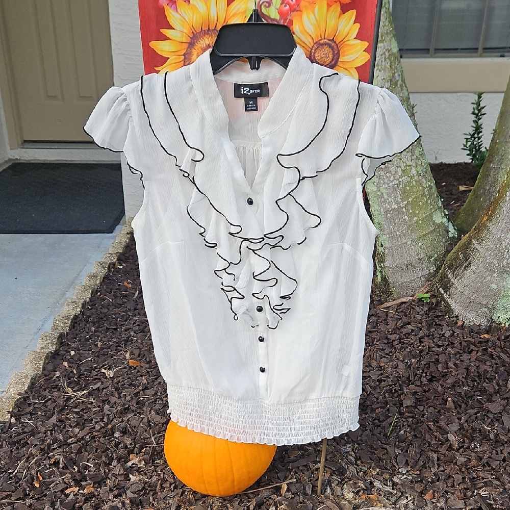 Iz Byer White Blouse with Black Trim